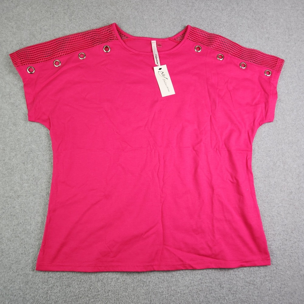 NY Collection Shirt Top Womens Large Pink Short Sleeve Mesh Grommet Shoulder